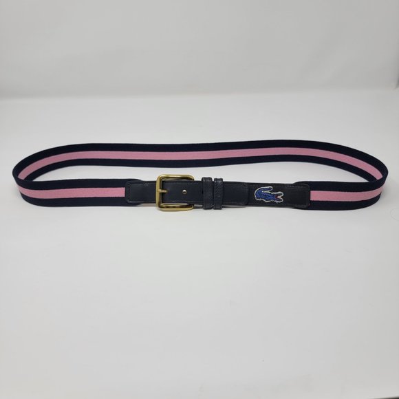 Vintage Lacoste Alligator Navy Blue and Pink Stripe Elastic Leather Belt - Picture 5 of 12